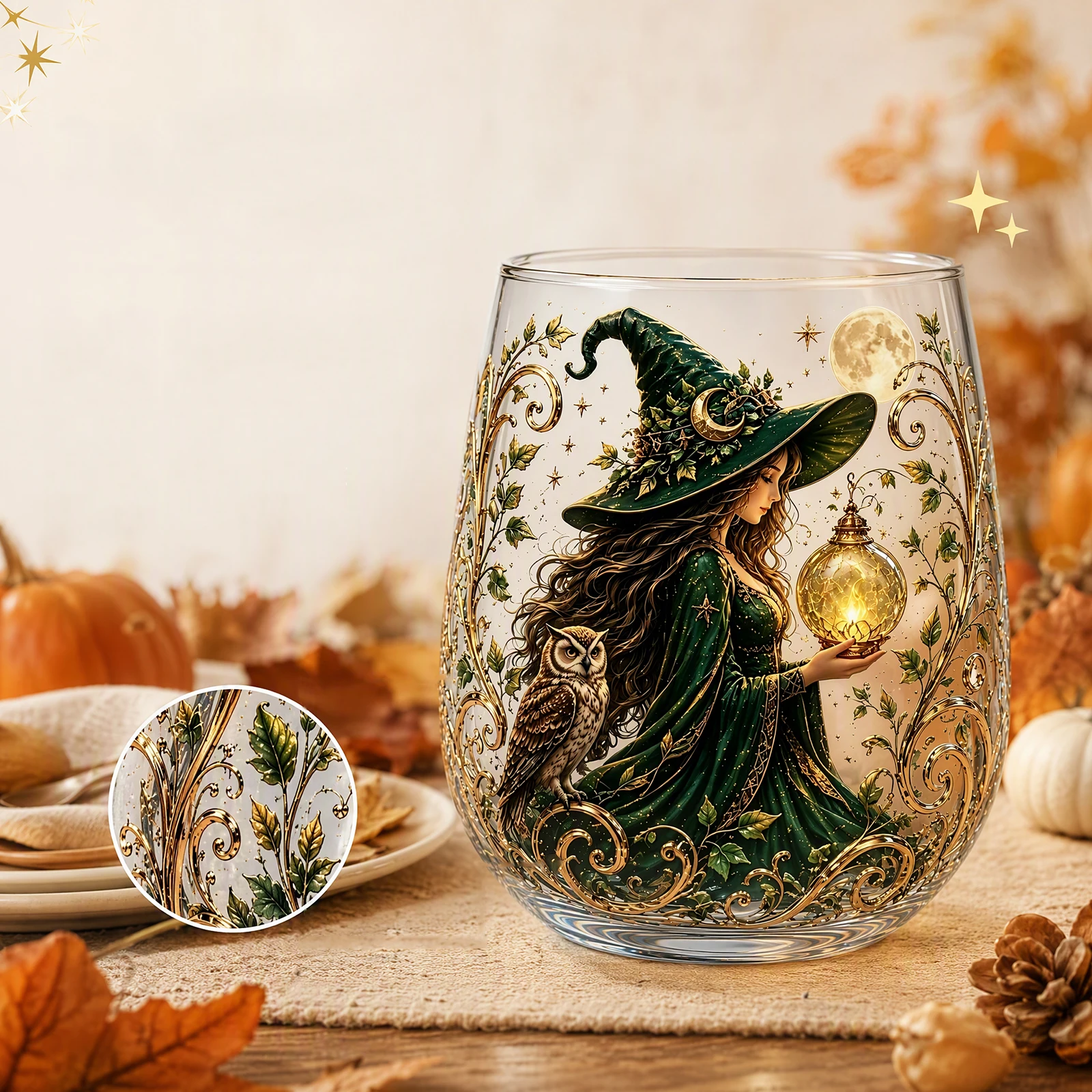 Crystal Ball Fantasy Glass Tumbler Witch Moon Star Pumpkin Potion Stemless Occult Halloween Cocktail Cup