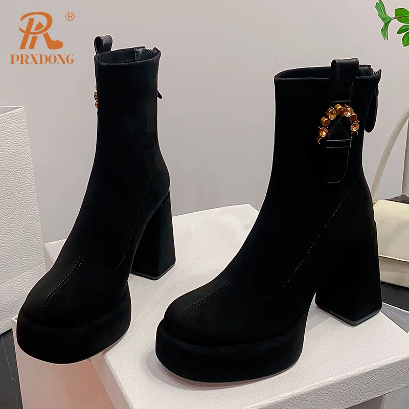 PRXDONG INS New Brand Autumn Winter Warm Ankle Boots For Women Chunky High Heels Platform Black Shoes Dress Party Office Lady 39