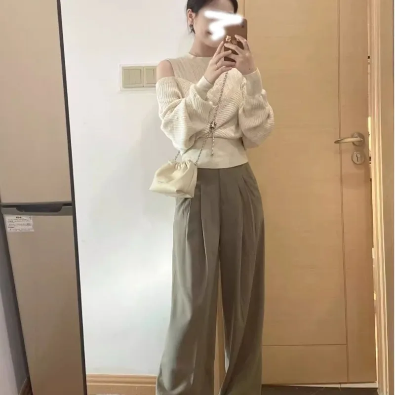 Flower Apricot Splicing Fake Twopiece Knitted Sweater Women Top Off The Shoulder New Irregular Design Sweater Spring Autumn Wear