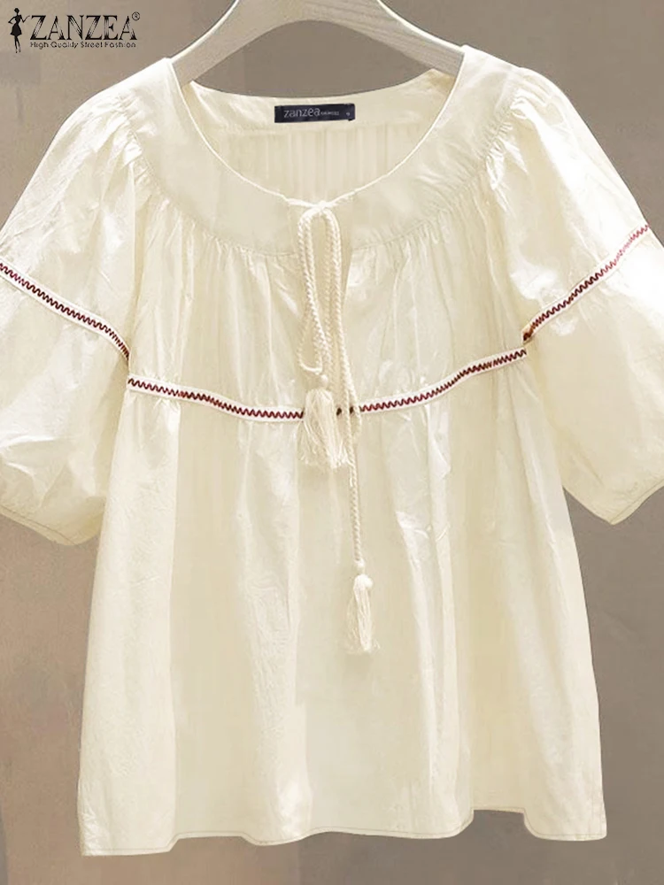 

ZANZEA Womens Casual Loose Paneled Blouses 2025 Summer Half Puff Sleeve O-Neck Lace-Up Blusas Mujer Fashion Day Wear Tunic Tops