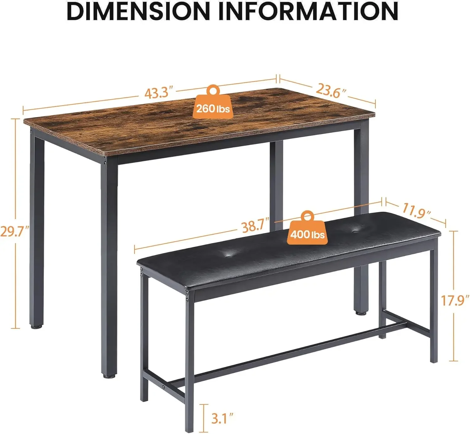 3-Piece 4 Bar 2 Dining Benches, 43.3'' Wood Kitchen Table & Chair Set for Breakfast Nook and Small Space, Brown