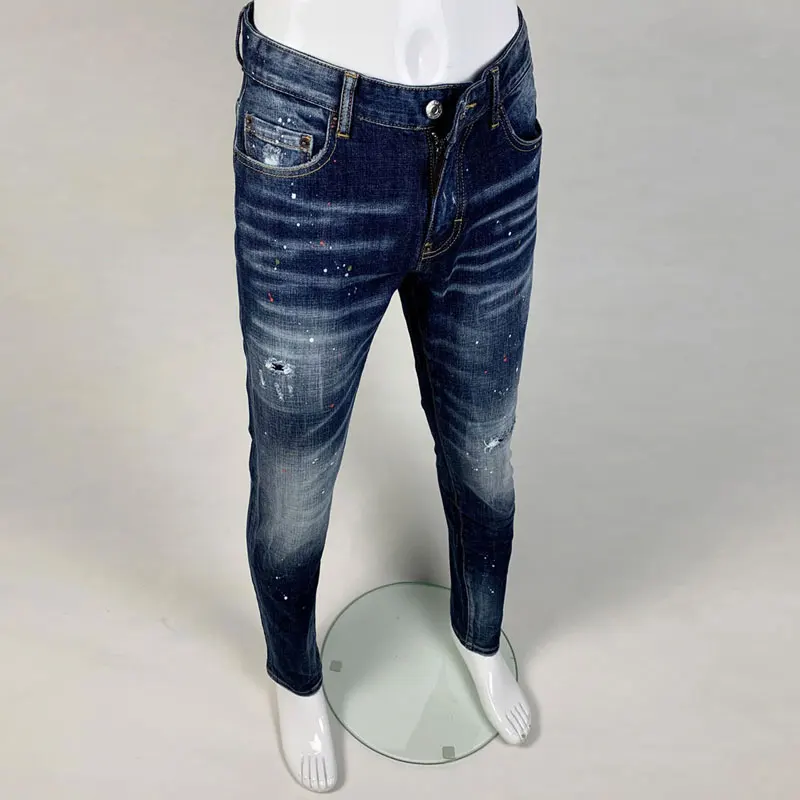 Men Deep Blue Whisker Washed Colorful Splash Spots Tiny Ripped Stretch Skinny Denim Jeans Hip‑Hop Streetwear Denim JeansY2K