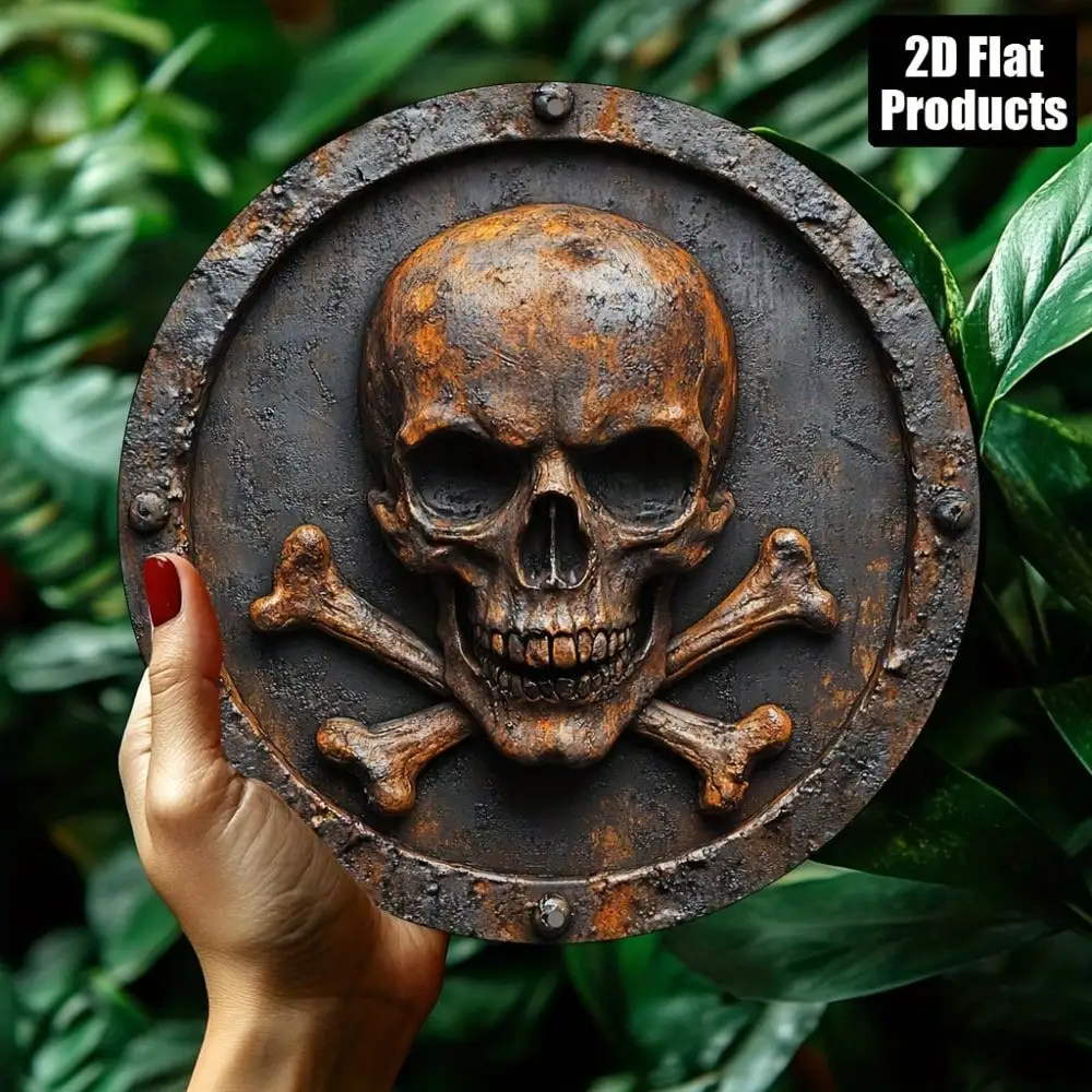 2D Flat Vintage Halloween Skull Crossbones Pirate Gothic Dark Horror Punk Retro Rustic Round Wooden Sign, Wooden Plaque, Grunge