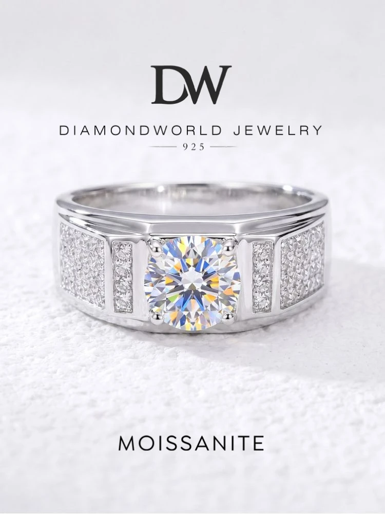 DWJ 1CT Luxus-Hochzeitsringe mit echtem Moissanit-Diamant für Männer, Geschenk, echtes 925er-Sterlingsilber, beste Qualität, edler Schmuck – Detail 1