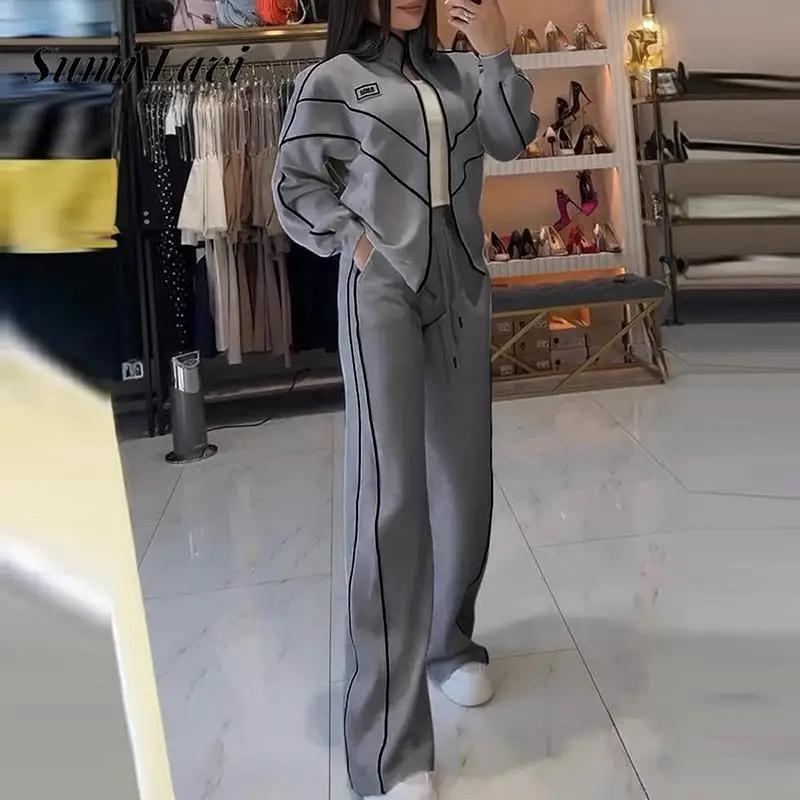 Women Casual Long Sleeve Solid Sport Outfits Elegant Patchwork Loose 2Pc Suits Fashion Stand Collar Zipper Coats & Long Pant Set