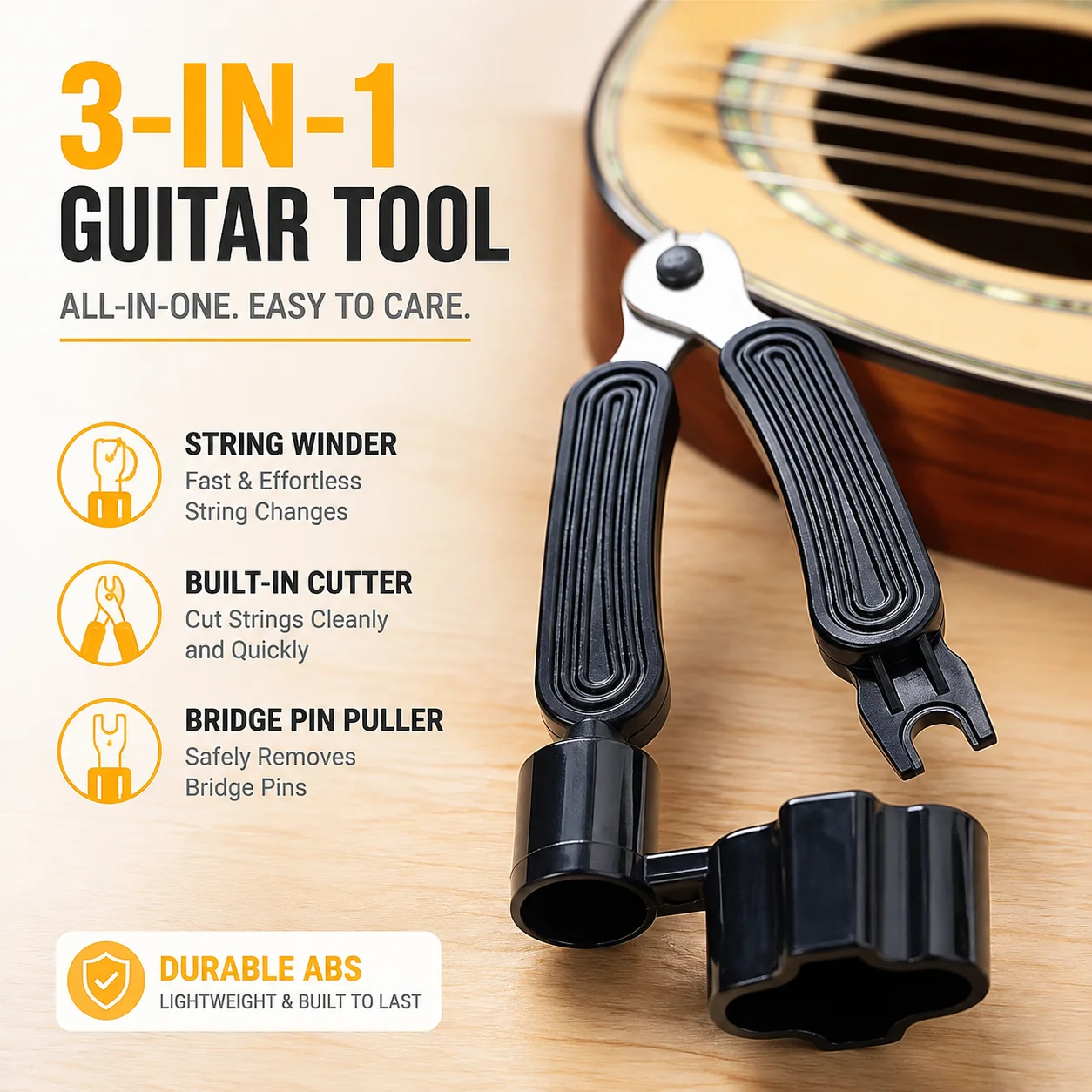 3 in 1 Guitar String Winder Tool with Cutter and Bridge Pin Puller, ABS Multifunctional Repair Accessory for Acoustic Electric