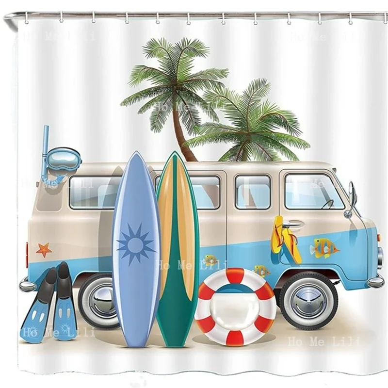 Surf Fabric Shower Curtain For Bathroom Decor Beach Coastal Theme Bath Accessories Tropical Palm Trees Pattern Camping Car