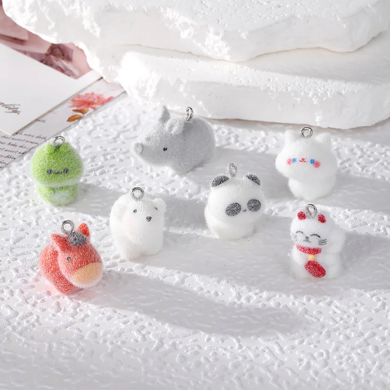 

5pcs Cartoon Flocking resin Animal Charms cute Panda elephant Cat doll Pendant For Phone Chain Keychains Jewelry Make
