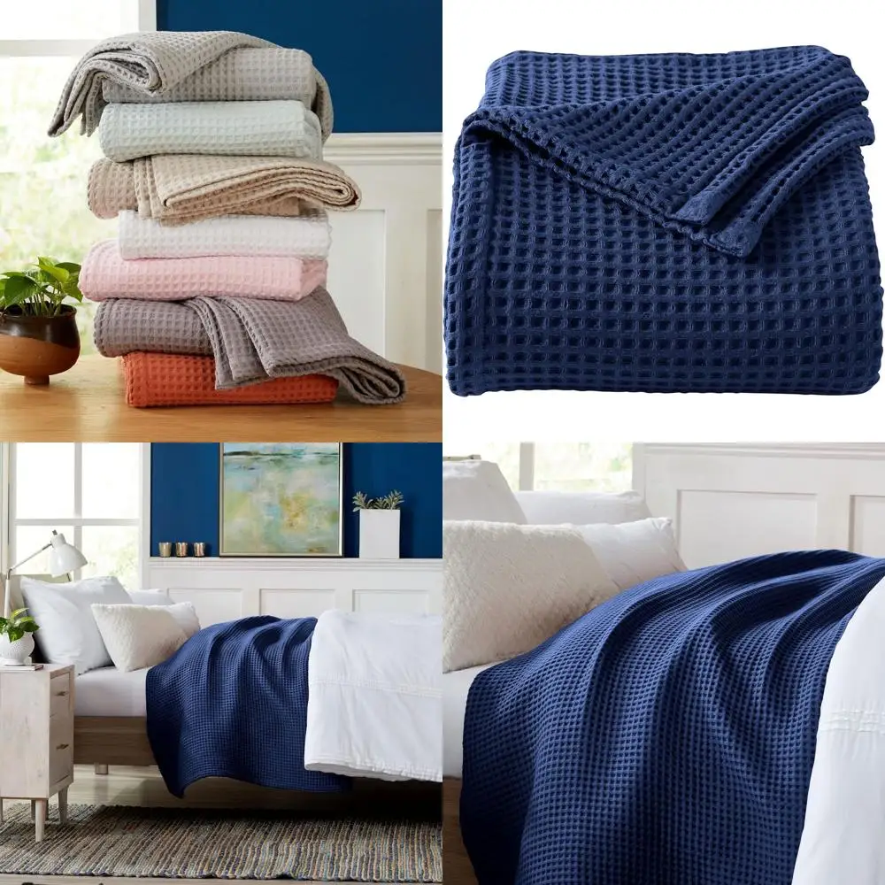 

Хлопковое одеяло вафельного переплетения королевского размера — мягкое, дышащее, легкое для всех сезонов, идеально подходит для слоя (темно-синее)