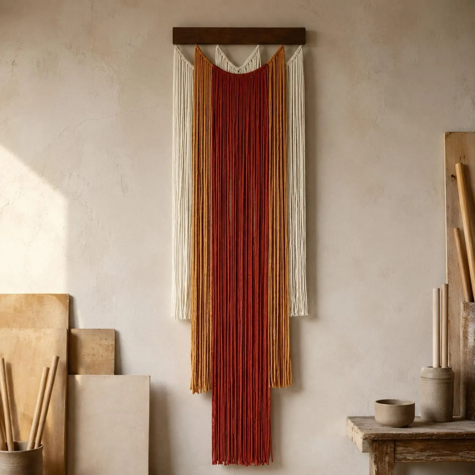 Boho Fringe Wall Hanging Handmade Wooden Dowel Tapestry Handwoven Wall Tapestry Natural Cotton Rope Easy to Assemble for Bedroom