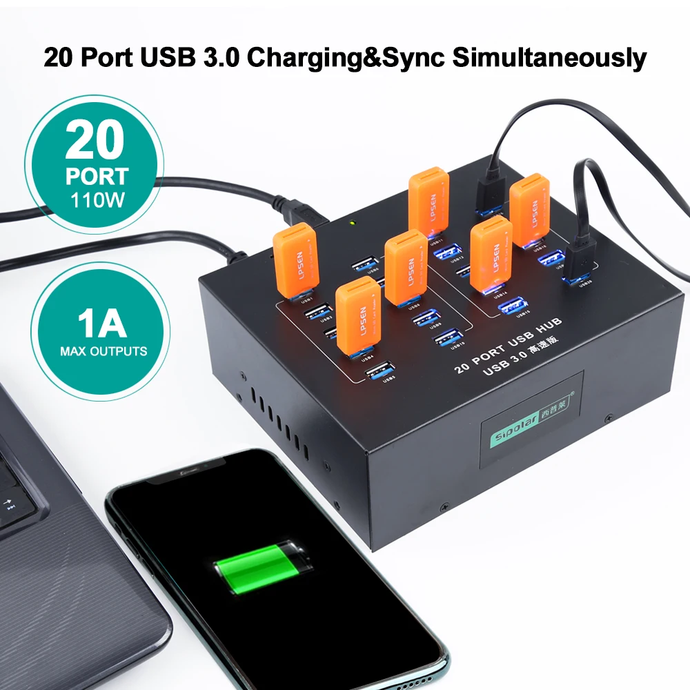 Sipolar Best A-213P 20 Ports 5.0Gbps  USB HUB 3.0 High Speed Usb Hub With 100-240V Adapter