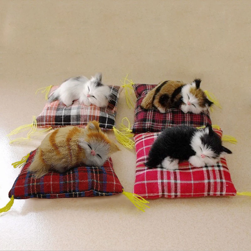 Simulation Cat Doll Ornaments Cloth Plush Cats Mini Sleeping Cats on Cushion for Children's Toys Car Home Decor Birthday Gifts