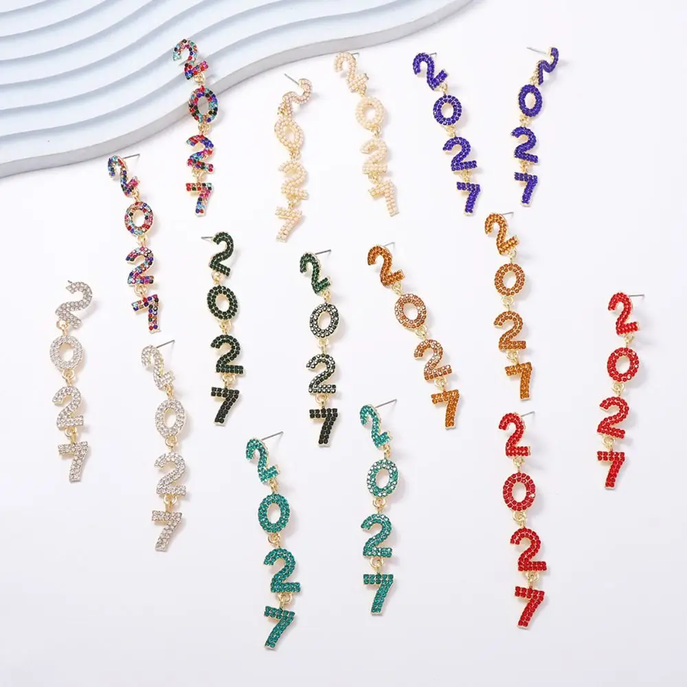 Pearl 2027 Digital Earrings Shiny Colorful Happy New Year Earrings Long Drop Zircon Christmas Stud Earrings Birthday