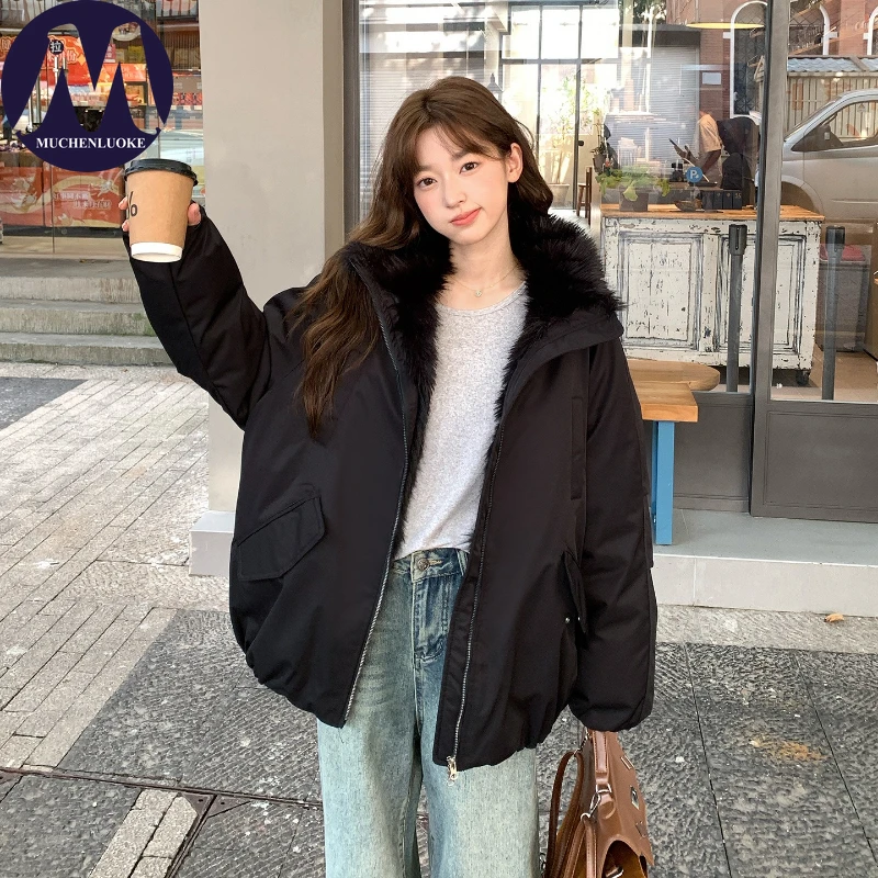 Jackets for Woman Winter Elegant Long Sleeve Plush Stand Collar Down Cotton Coat Korean Fashion Casual Loose Thick Warm Parkas