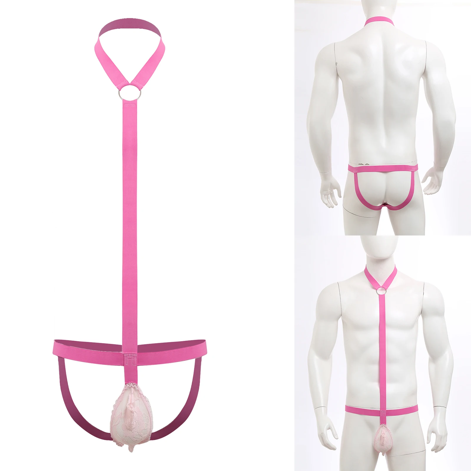 

Men Lingerie Bodysuit Sheer Floral Lace Bulge G-string Jockstrap O-ring Halter Harness Nightwear for Couple Games Anniversary