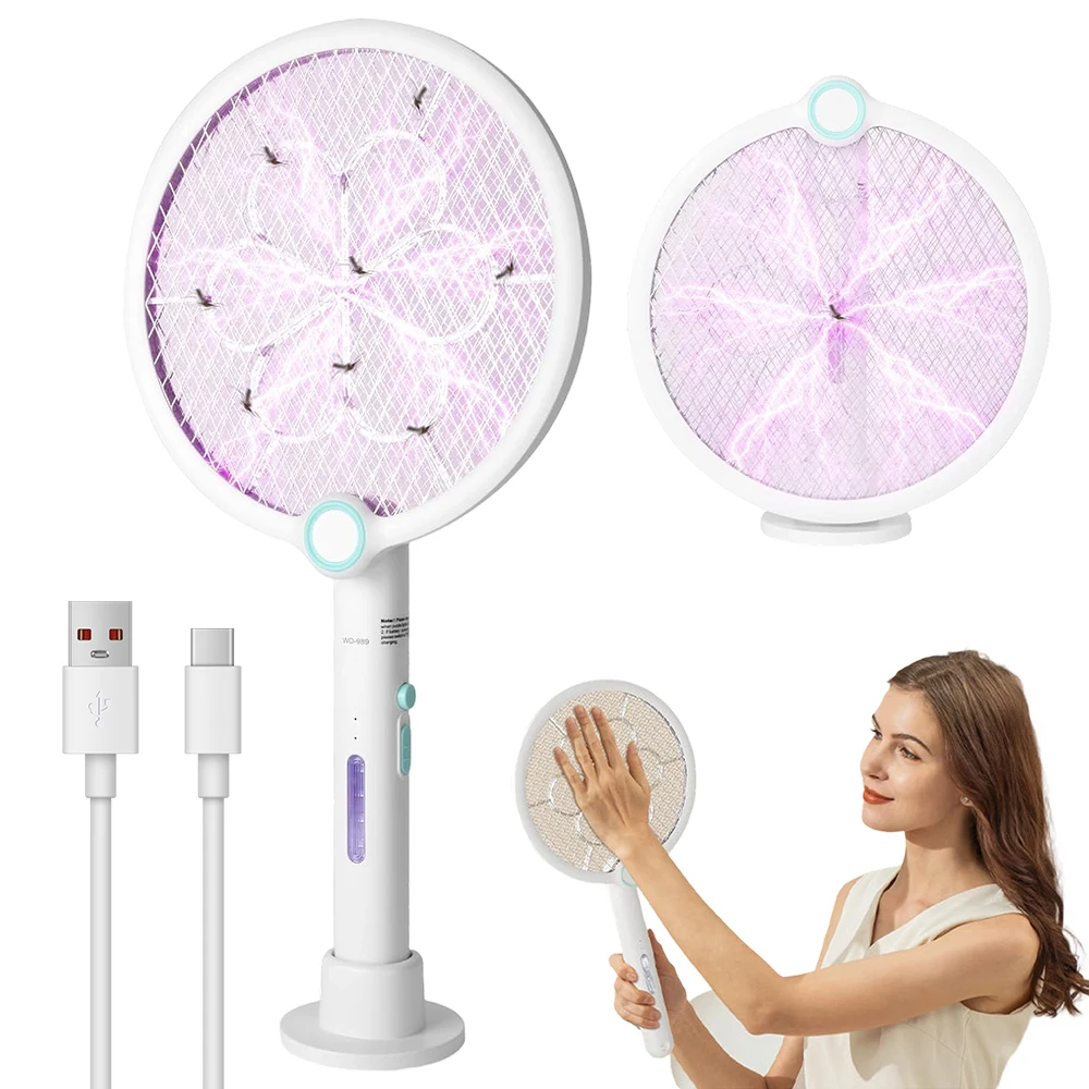 Moustiquaire électrique avec lampe 3800V, batterie 1200mAh, 3-en-1 portable / verticale / murale sans produits chimiques – Idéal pour la maison, le jardin, la cuisine, la terrasse – Idéal pour la lutte contre les nuisibles en intérieur et en extérieur