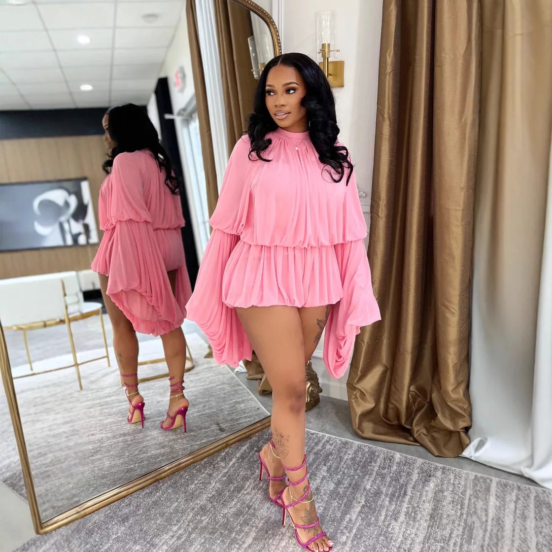 

Jumpsuits Women Sexy One Piece Shorts Round Collar Lantern Sleeve Folds Tight Waist Short Pants 2025 Summer Office Lady Rompers