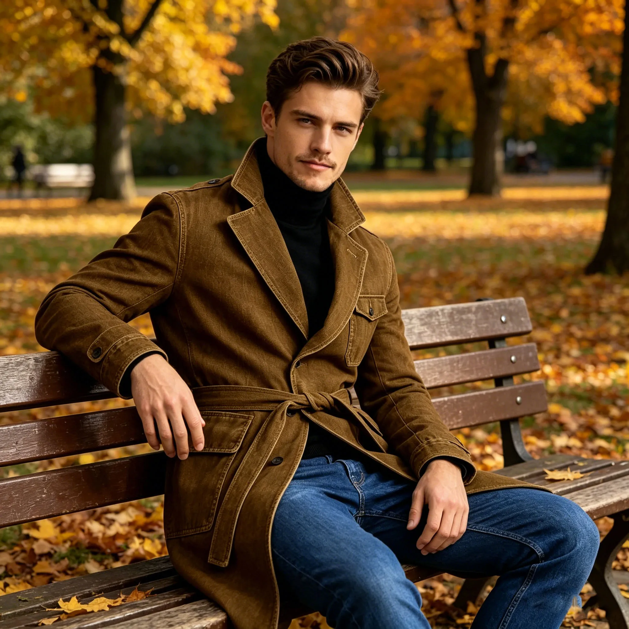 Men's Brown Denim Trench Coat Retro Slim Fit With Waist Belt Notched Lapel Flap Pocket Casual Washed Jean Jacket For Streetwear image 5