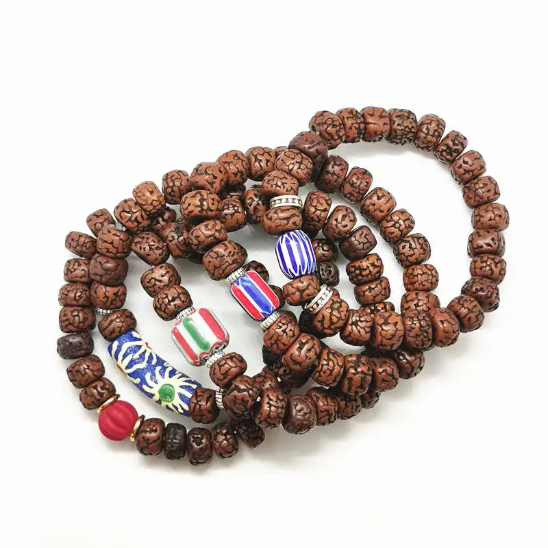 Antique Colored Old Rudraksha Bodhi Bracelets Strand for Lady 18cm With Trade Glaze Beads BB-228