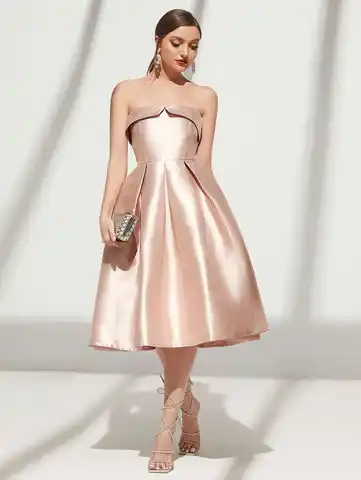 Blush Pink Strapless Satin A-Line Formal Dress for Evening Party Wedding Guest