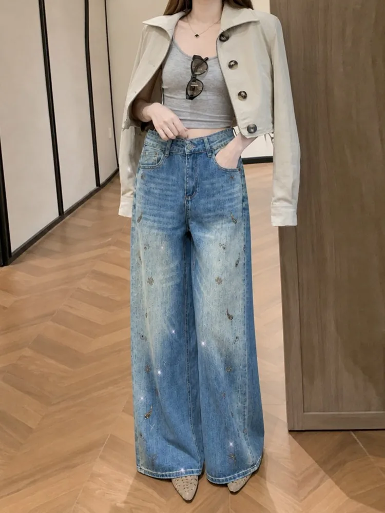 Autumn Women Fashion High Waist Shiny Diamonds Jeans Loose Fit Distressed Wide Leg Straight Trousers Pants Ladies Casual Denim
