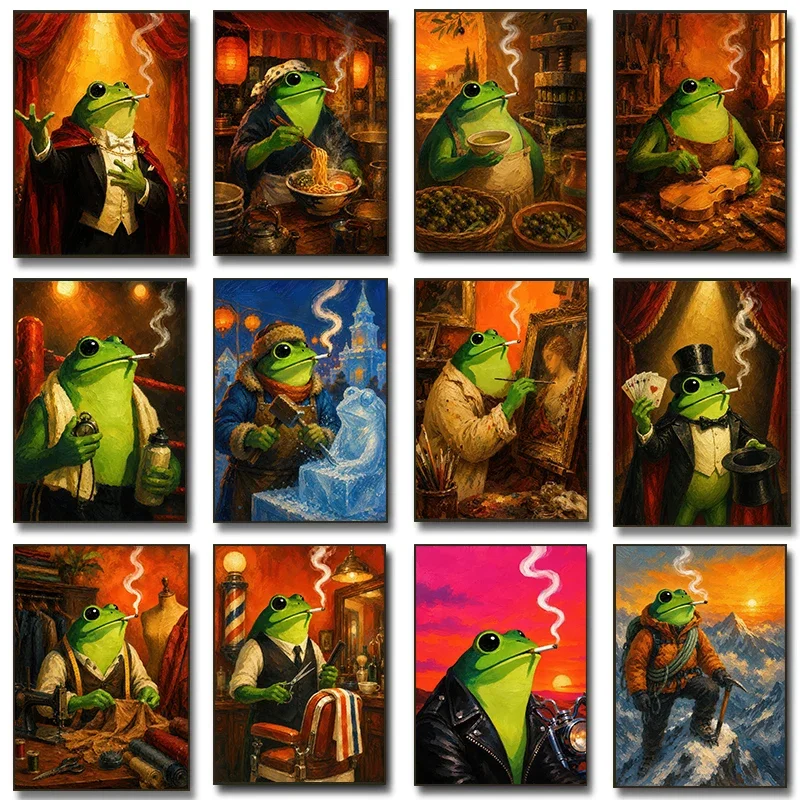 1pc frameless Canvas painting Funny Frog Ice Sculptor Barber Smoking Posters Dapper Artist Modern Prints Canvas Painting Wall Pi