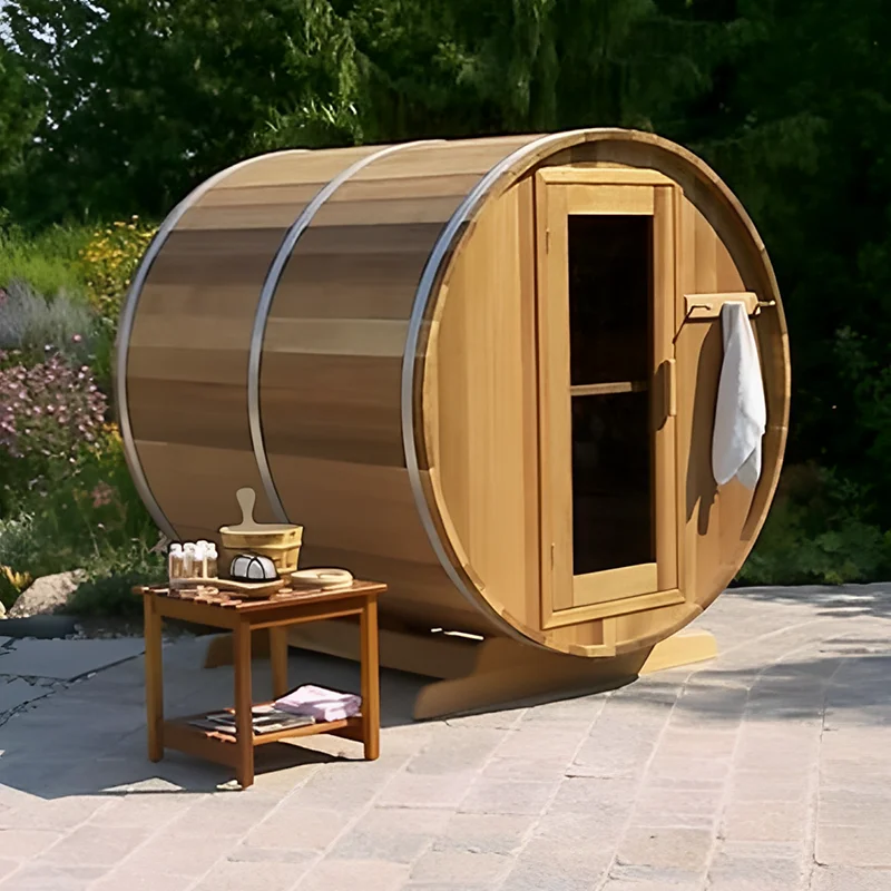 Modern 2-Person Outdoor Villa Sauna Barrel with Solid Wood Construction 6KW Electric Stove Steam Luxury Outdoor Room