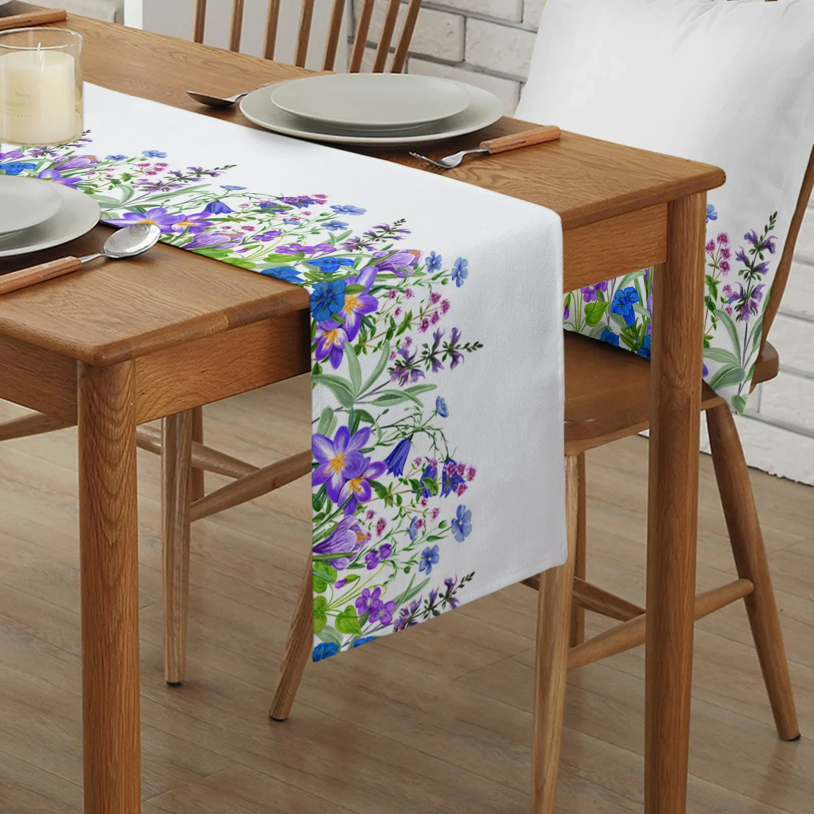 Plants Field Flowers Herbs Purple White Linen Table Runner Kitchen Table Decoration Dining Tablecloth Wedding Party Decor