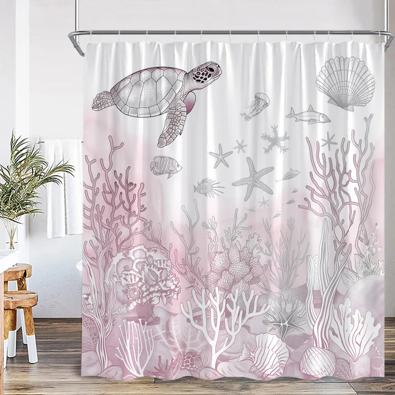 Nautical Ocean Octopus Sea Turtle Shower Curtain Pink Coral Starfish Seashell Fish Bath Curtains Home Bathroom Decor with Hooks