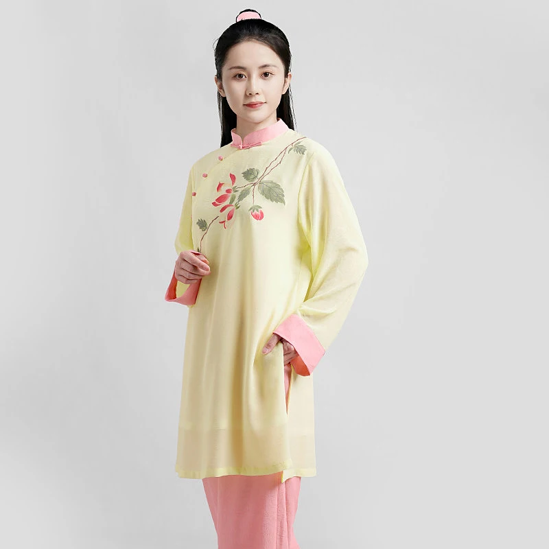 Women's Neo-Chinese Style Hand-Painted Ramie Gauze Tai Chi Uniform - Summer Baduanjin Qigong Practice Outfit (Thin & Flowy)