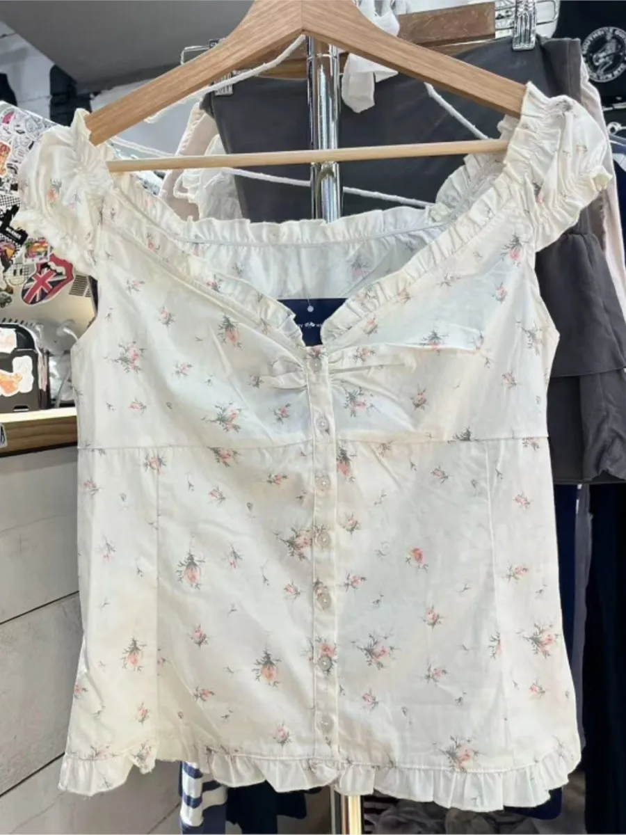 

Floral Folds Ruffle Blouse Top Women Summer New Single Breasted Sleeveless Tank Tops Vest Sweet Cute Preppy Style Camisole OOTDS