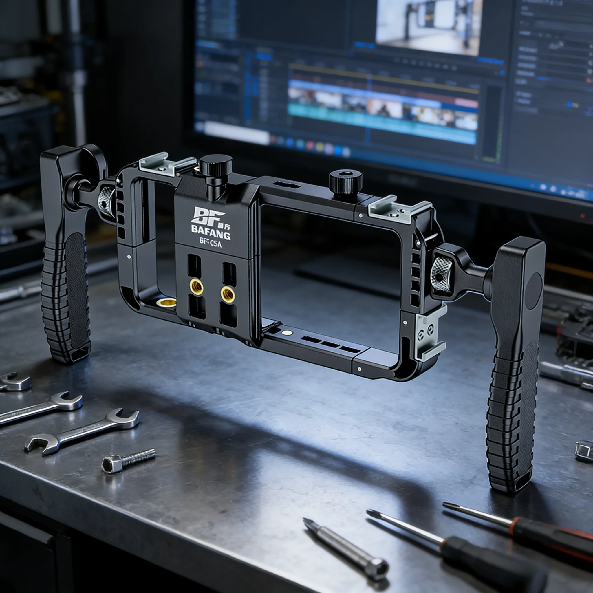 Uniwersalna klatka do telefonu komórkowego z interfejsem hot shoe, gwintem 3/8″ i 1/4″-20 / M6 oraz rozszerzalnym światłem wypełniającym. — zdjęcie produktu 5