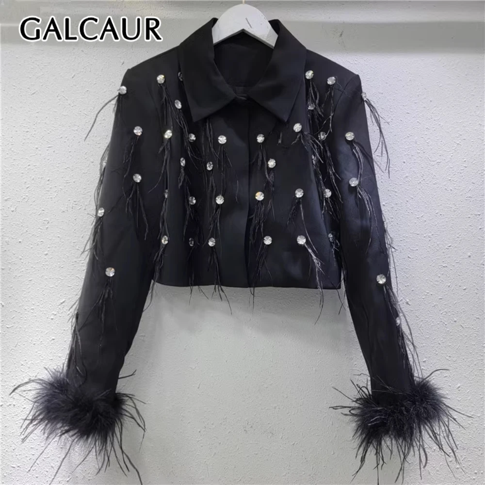

GALCAUR однотонный утягивающий модный пиджак из бисера для женщин, лоскутное пальто с лацканами и длинными рукавами, темпераментное пальто с перьями, женское новое
