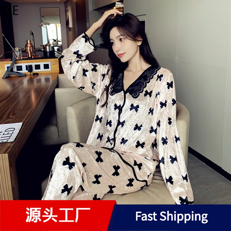 Womens Velour Pajamas Winter Gold Velvet Long-sleeve Casual Home Wear Suits Winter Home Pajamas for Women Sleepwears