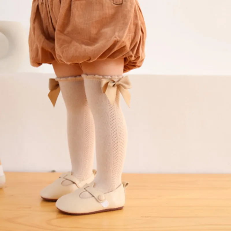 Calze lunghe al ginocchio in cotone per bambina, traspiranti con fiocco a farfalla, calze sopra il ginocchio per neonate