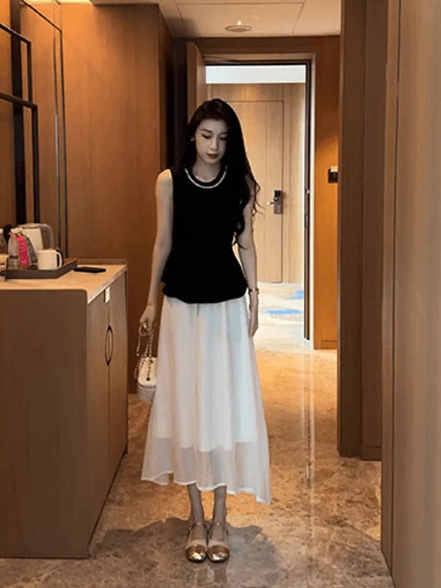 

Faionable Korean Sle Vest And Dr Set Ele Summer Outfit Two Piece Ensemble round Neline All Other Materials