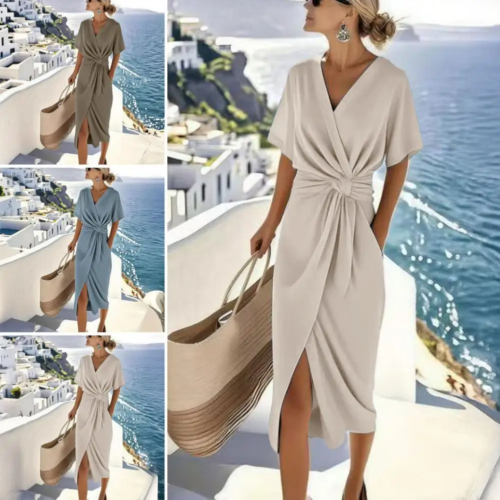 Damenkleider, kurzärmelig, V-Ausschnitt, formelles Kleid, lässig, locker sitzend, einfarbig, Partykleid für Urlaub, Cocktail