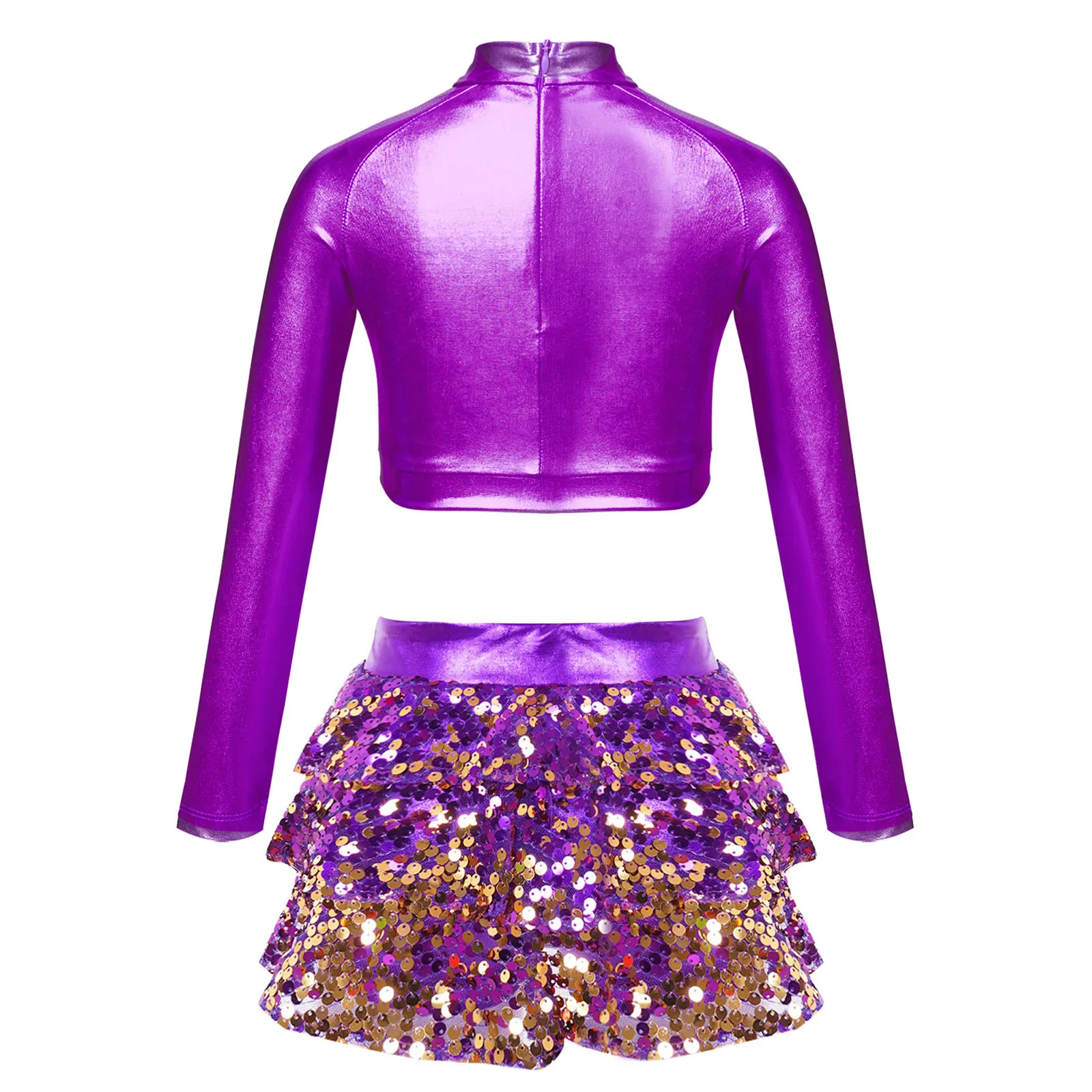 Kids Girls Shiny Sequins Ballet Dance Clothes Long Sleeve Tiered Crop Top+Skirt for Carnival Party Jazz Dance Stage Performance