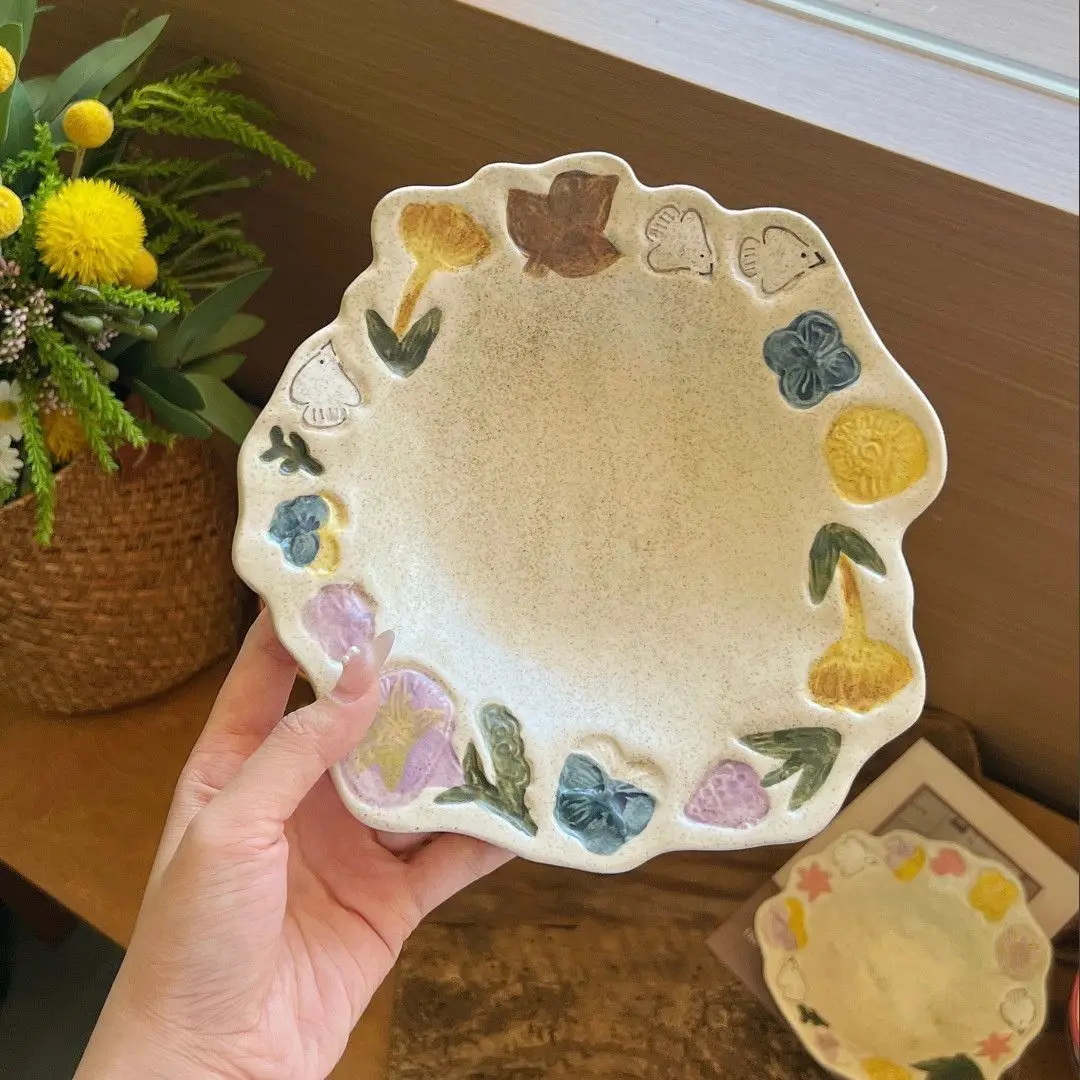 Hand Painted Ceramic Tableware Underglaze Colorful Glossy High Value Flower Embossed Household Plate Bowl Salad Bowl Fruit Bowl