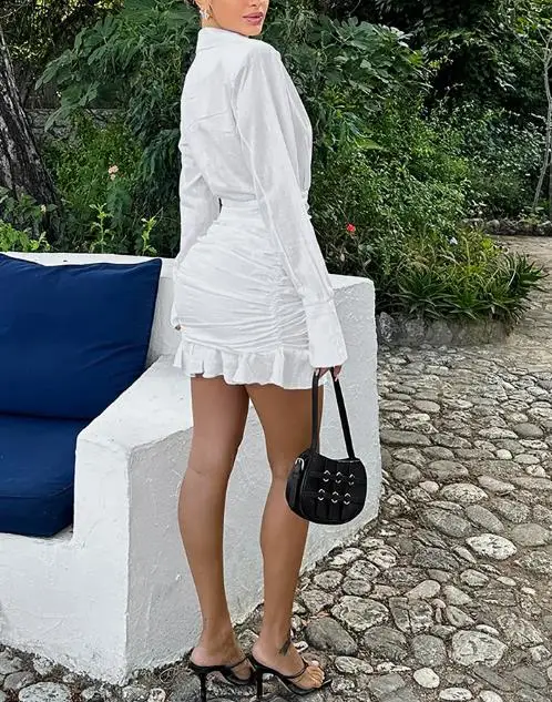 

Women Dresses 2026 Spring Summer New Solid Color Notched Collar Long Sleeve Slim Fit Ruffles Hem Ruched Casual Mini Dress