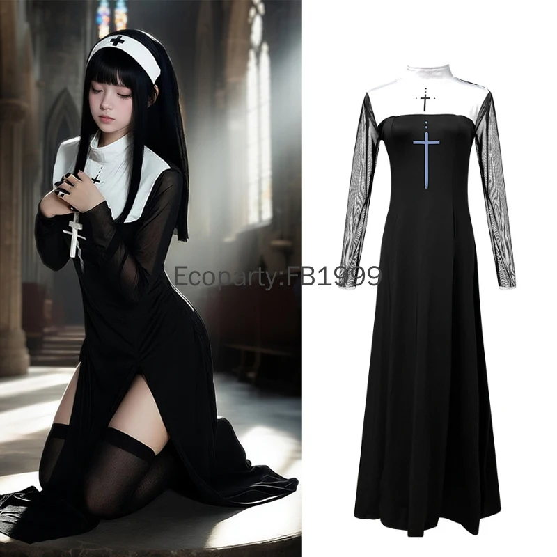 

Женский сексуальный костюм монахини на Хэллоуин, черный прозрачный костюм священника с высоким разрезом, длинное платье для косплея с головным убором, женские карнавальные наряды для вечеринок