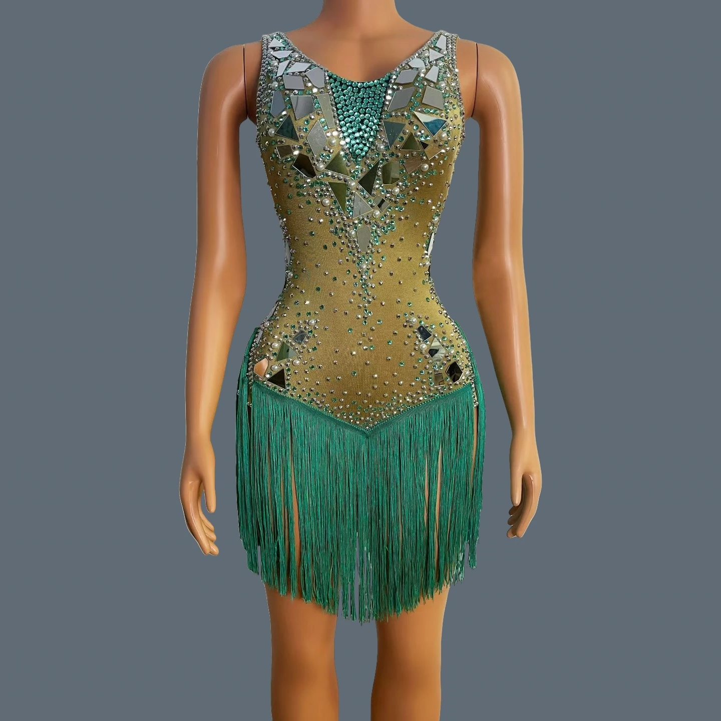 

Spandex Elastic Latin Dance Dress Sparkly Sequins Mirrors Green Tassel Bodysuit Sleeveless Event Stage Performance Outfit Lvluo