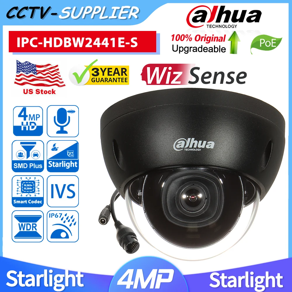 

Dahua WizSense Black IPC-HDBW2441E-S Starlight 4MP Vandal Dome POE SMD Plus IP Camera IR MIC SD Slot IVS 3-Axis