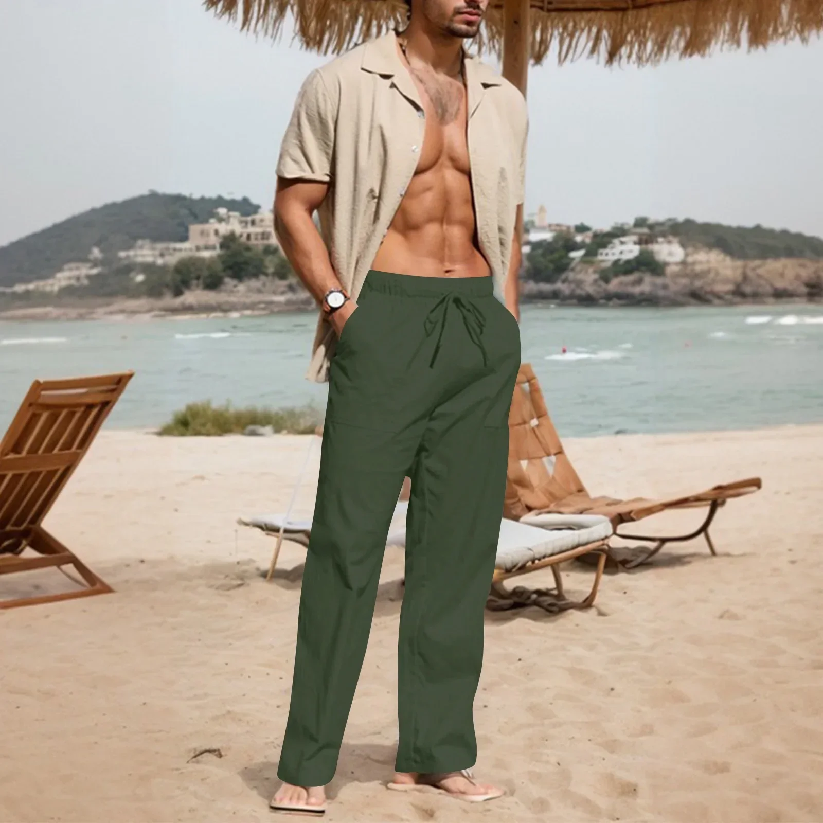 Lente en zomer heren katoen mode vrije tijd effen kleur ademend broek met rechte pijpen outdoor reizen vakantie strandbroek