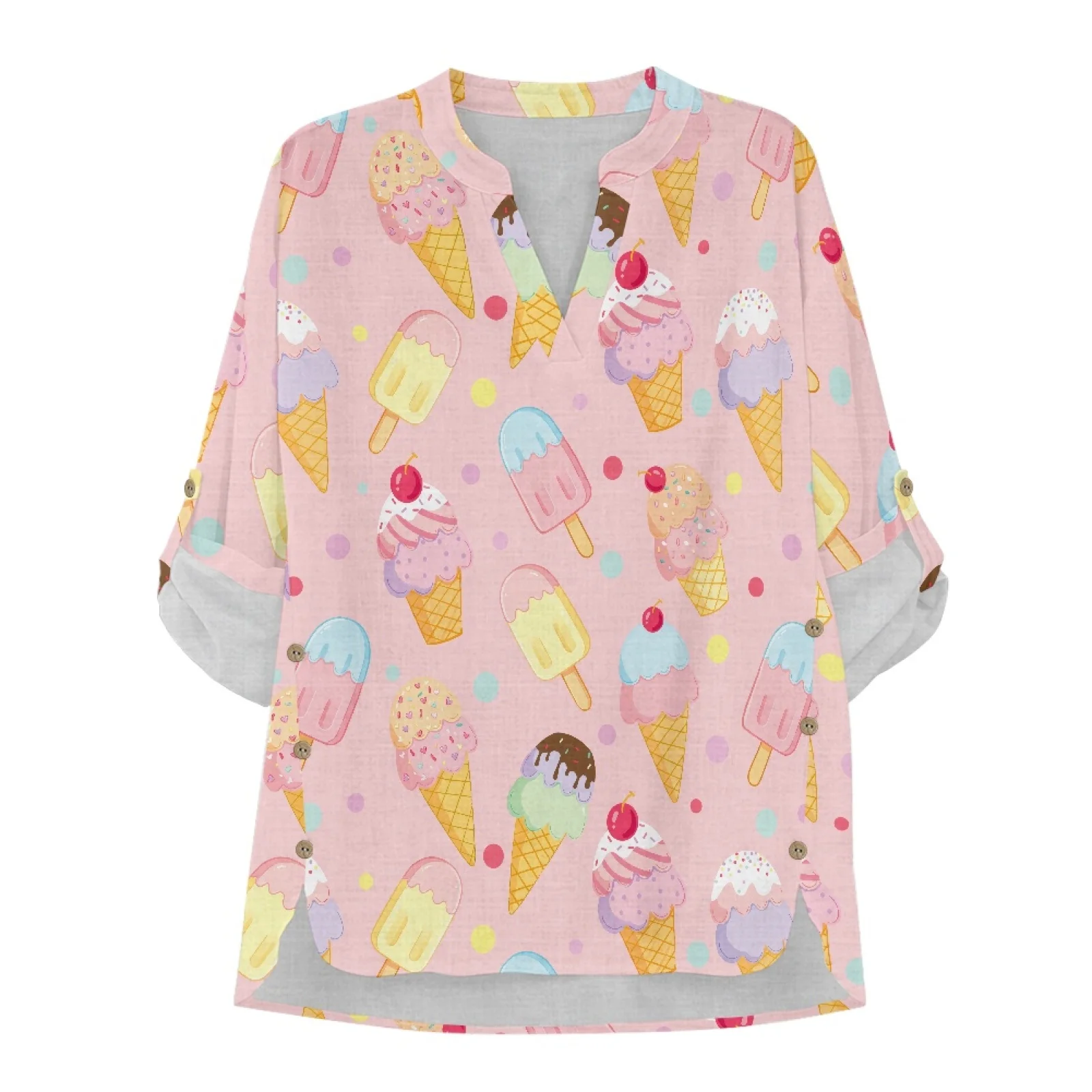 PENSTROLL Ice Cream Polka Dot Linen Style Tunic Blouse for Daily Wear Relaxed Fit Womens Long Sleeve Tops Tunic Dress Shirts view 4
