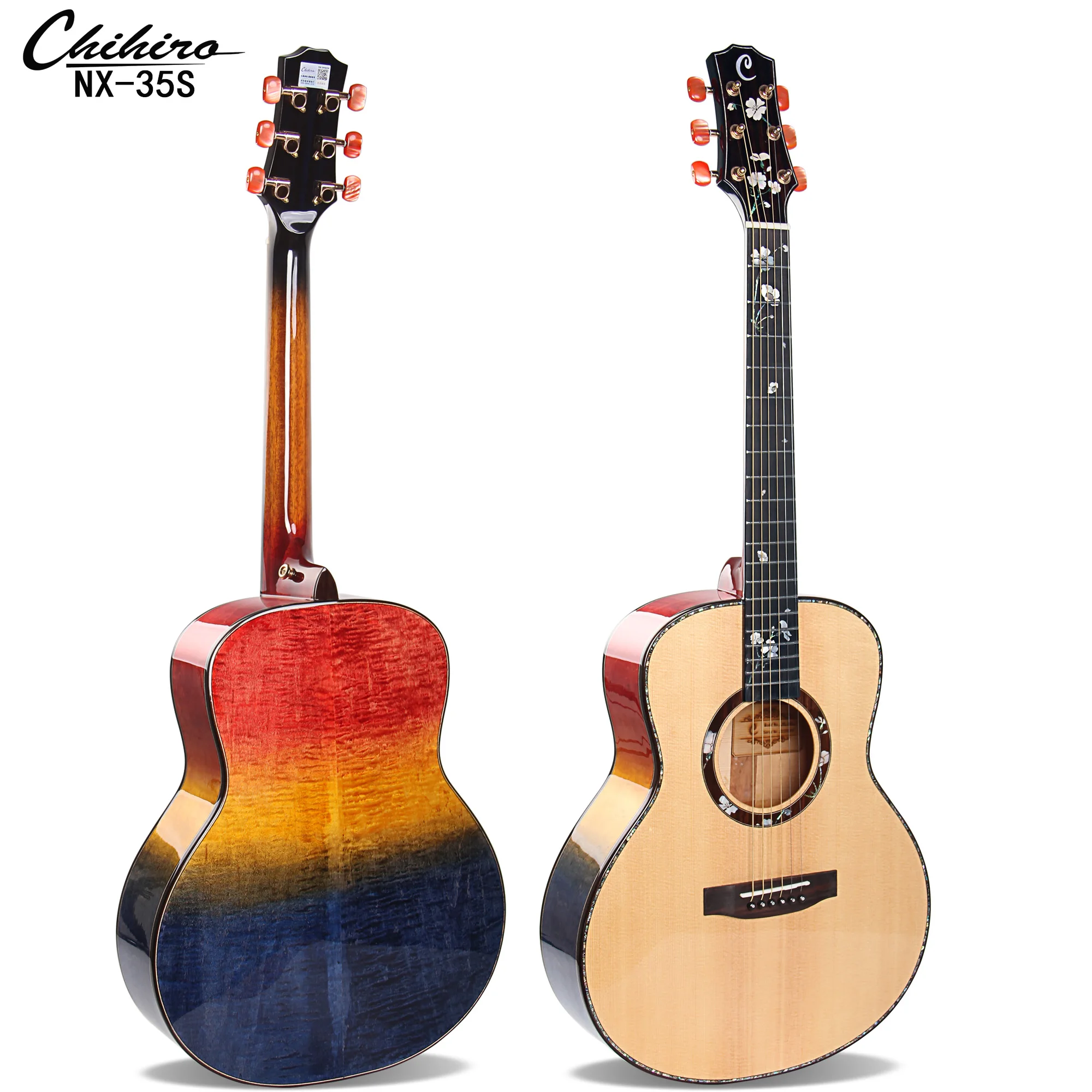 

Best Quality High Gloss Hand Crafted Rubbed Rainbow Flame Maple 6 Strings 36 Inch Solid Spruce Top Acoustic Electric Guitar