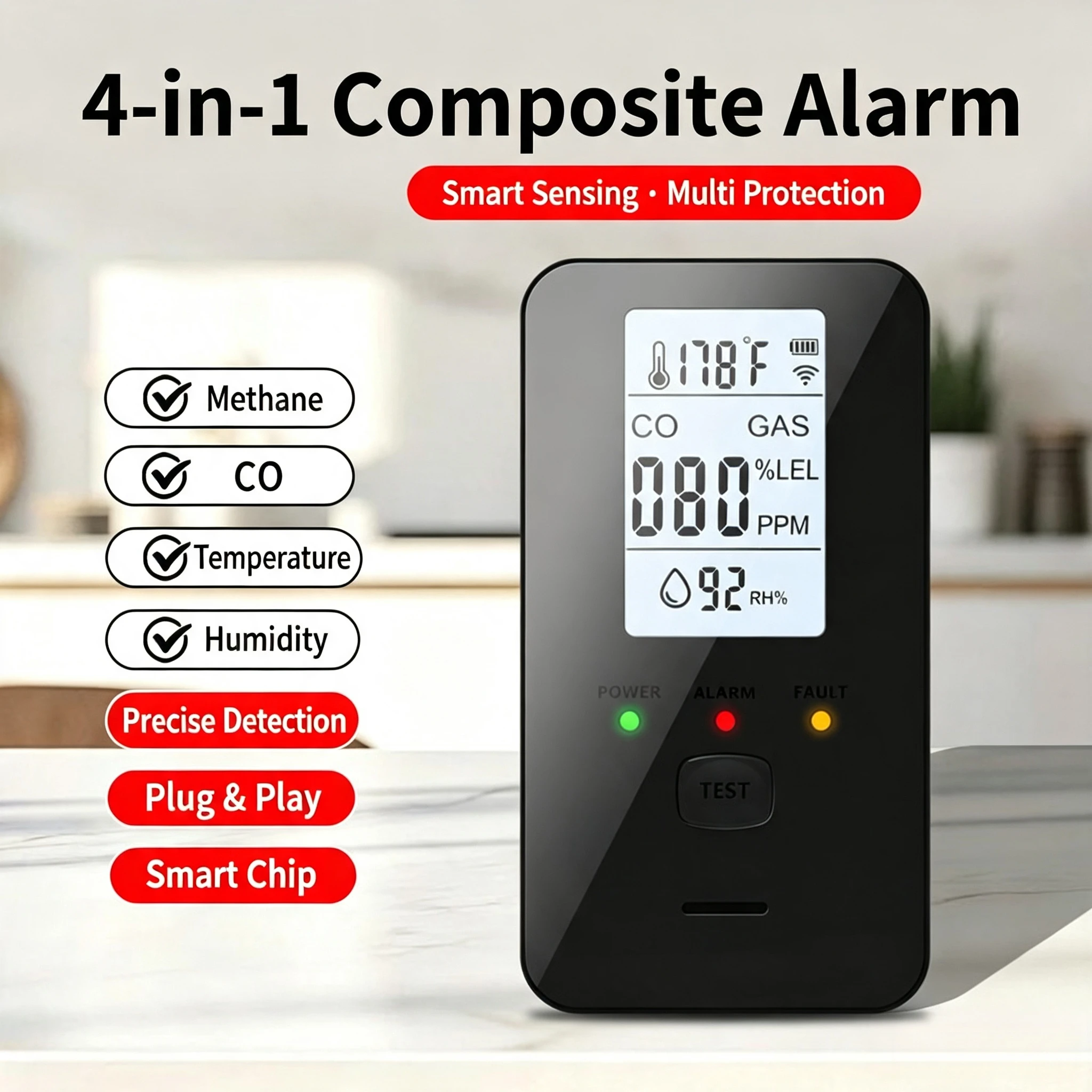 4-in-1 Plug-in CO & Combustible Gas Detector Carbon Monoxide Propane Methane Leak Alarm Temperature Humidity Home Safety Monitor