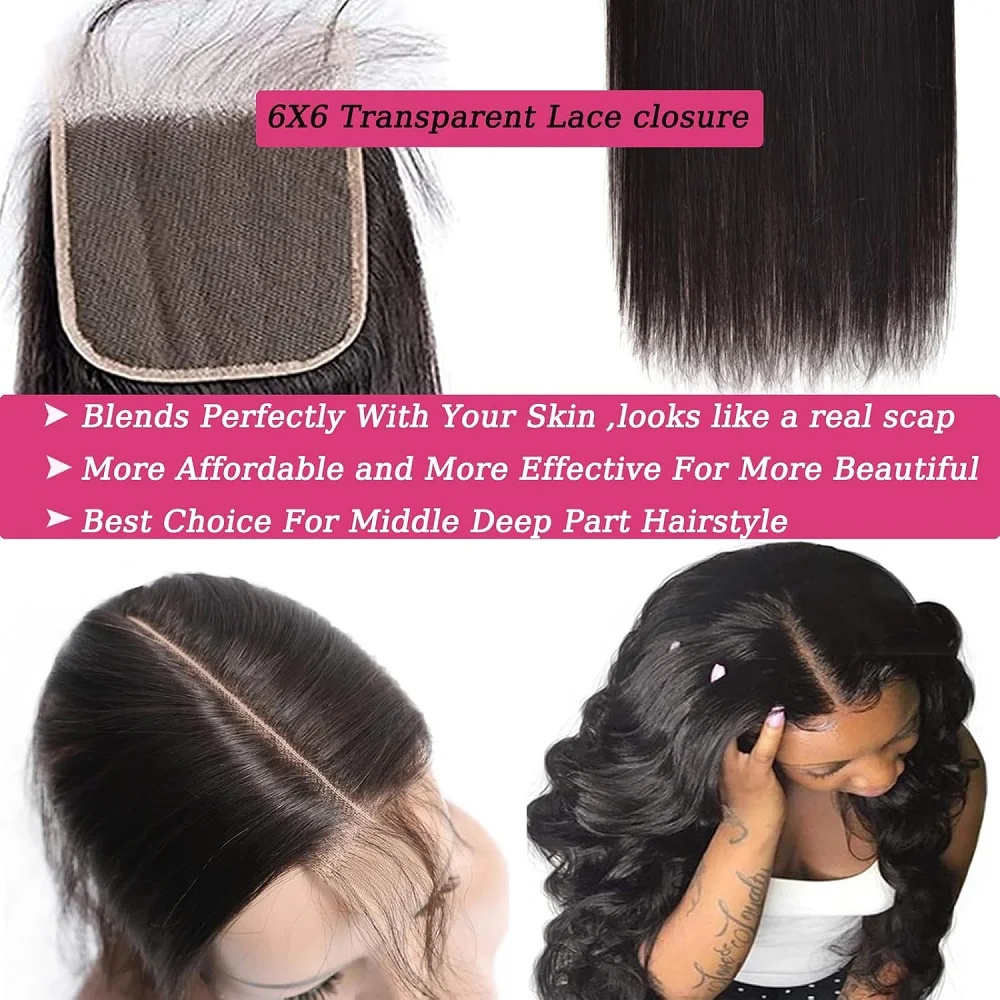 YEORING ストレート人毛バンドル 6 × 6 HD レース閉鎖バンドル 100% 人毛エクステンションブラジリアン織り生毛ナチュラル