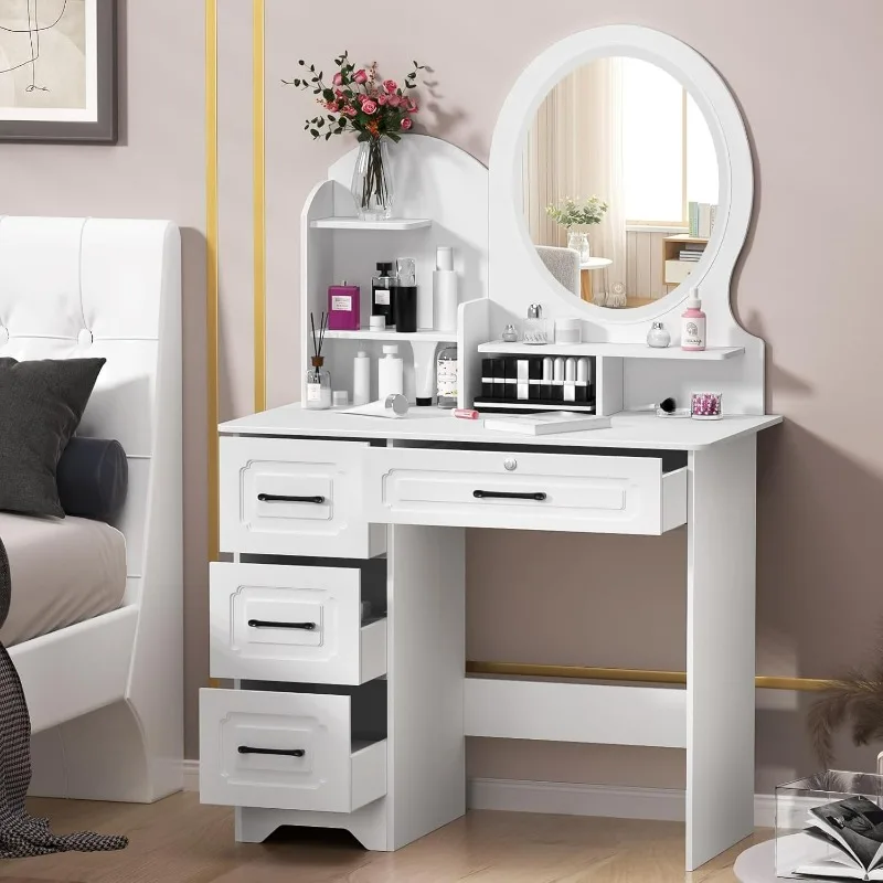 

Makeup Vanity Desk with Mirror,Vanity Desk with Lights Vanity Table Set with Storage Shelves,4 Drawers with Light