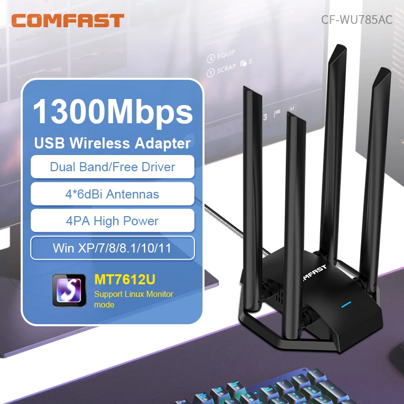 1300Mbps Adaptador Wi Fi Banda Dupla Sem Fio 2.4GHz 5GHz 4 Antenna USB3.0 Wireless USB Placa Wifi Pra PC  Kali Linux Adapter